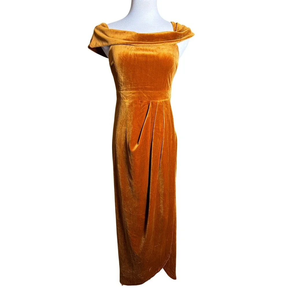 Lulus Rust Orange Velvet Off The Shoulder Maxi Dress Small Pleated Tulip Gown - Picture 1 of 10